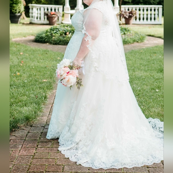 Ivory/Champagne V-neck Scalloped Lace Wedding Dress - Picture 6 of 12